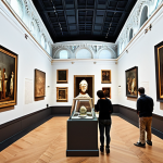 **Museums as Guardians of History**: Create an image of a grand museum interior showcasing diverse historical artifacts from various civilizations. Include people exploring the exhibits, engaging with interactive displays, and learning about the rich history represented by the artifacts.