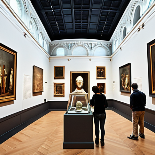 Home 13 **Museums as Guardians of History**: Create an image of a grand museum interior showcasing diverse historical artifacts from various civilizations. Include people exploring the exhibits, engaging with interactive displays, and learning about the rich history represented by the artifacts.