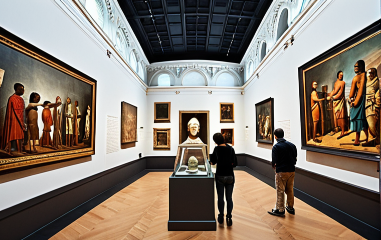**Museums as Guardians of History**: Create an image of a grand museum interior showcasing diverse historical artifacts from various civilizations. Include people exploring the exhibits, engaging with interactive displays, and learning about the rich history represented by the artifacts.
