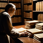 ** A diligent archivist meticulously cataloging ancient artifacts in a dimly lit library, surrounded by stacks of documents and historic objects. Focus on the meticulousness and importance of preserving historical records.

**