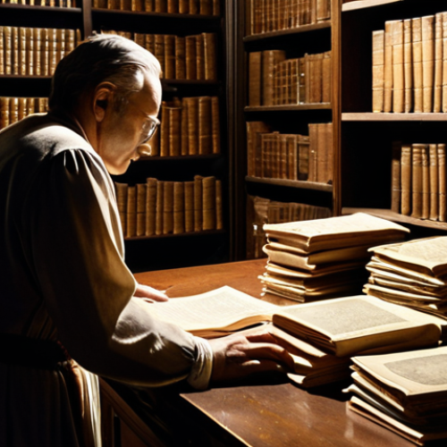 Home 8 ** A diligent archivist meticulously cataloging ancient artifacts in a dimly lit library, surrounded by stacks of documents and historic objects. Focus on the meticulousness and importance of preserving historical records.
**