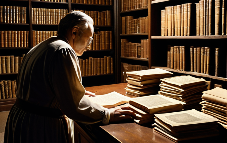 ** A diligent archivist meticulously cataloging ancient artifacts in a dimly lit library, surrounded by stacks of documents and historic objects. Focus on the meticulousness and importance of preserving historical records.
**