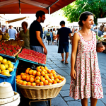Artisan Market Scene**

"A bustling Provençal market, overflowing with colorful fruits, vegetables, and local cheeses. A young woman, fully clothed in a flowy sundress and espadrilles, smiles as she examines hand-crafted pottery. In the background, vendors chat animatedly, and sunlight streams through the market stalls. Safe for work, appropriate content, professional photography, perfect anatomy, natural proportions, modest clothing, high quality, family-friendly."

**