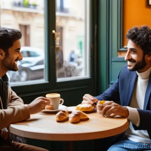 전세계 문화 비교 - **Cultural Exchange at a Café:** A warm and inviting scene inside a Parisian café. Two individuals, ...