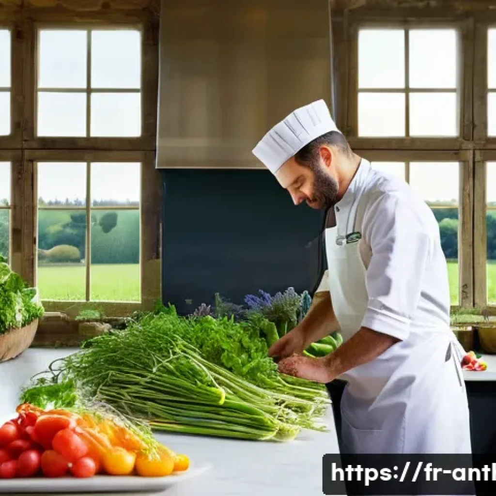 문화와 환경 - **Sustainable French Gastronomy:** A renowned French chef, wearing a clean white chef's jacket and a...