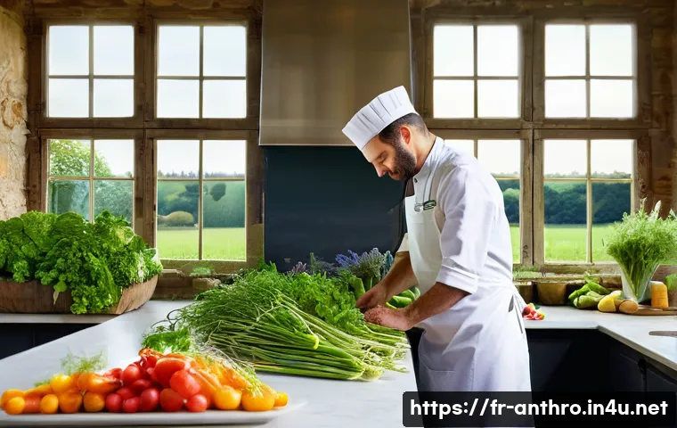 문화와 환경 - **Sustainable French Gastronomy:** A renowned French chef, wearing a clean white chef's jacket and a...