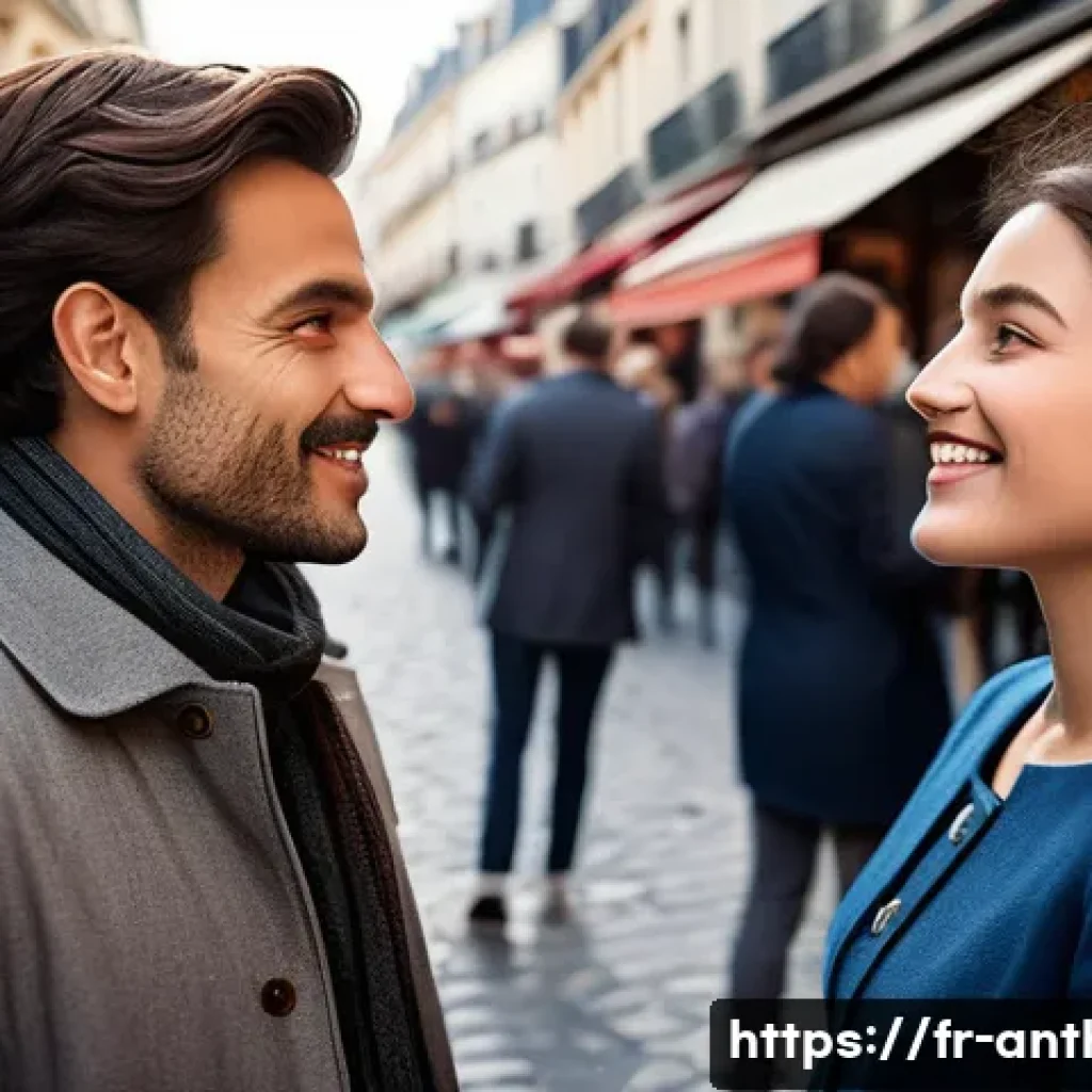 언어와 문화 - A vibrant street scene in a French neighborhood during the traditional "bise" greeting ritual, featu...