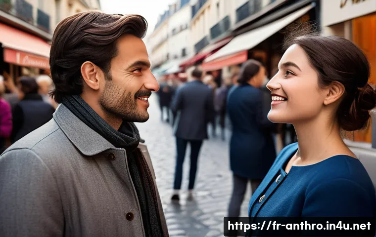 언어와 문화 - A vibrant street scene in a French neighborhood during the traditional "bise" greeting ritual, featu...