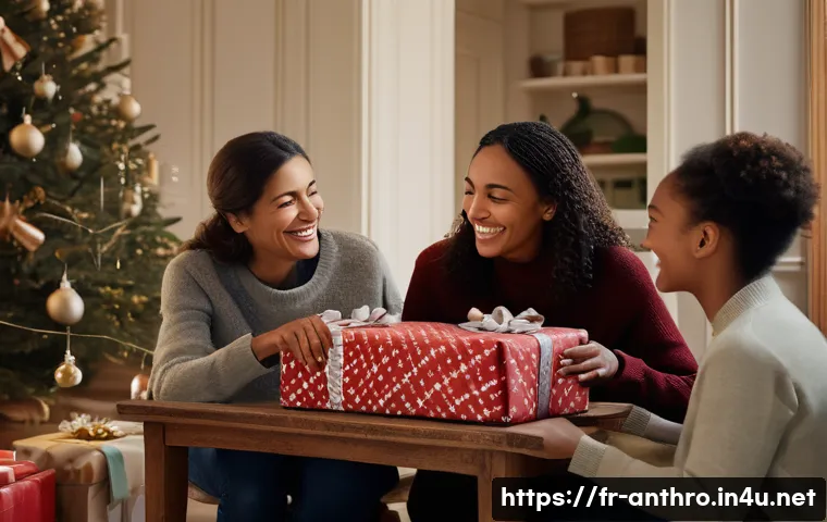 마르셀 모스와 선물경제 - A warm and intimate family gathering in a cozy French living room during a festive holiday, where di...