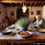 언어의 힘과 문화 - A vibrant French family meal scene set in a rustic Provence dining room, with diverse generations ga...