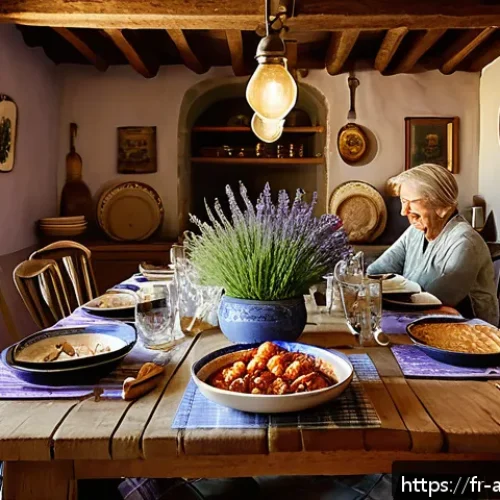 언어의 힘과 문화 - A vibrant French family meal scene set in a rustic Provence dining room, with diverse generations ga...