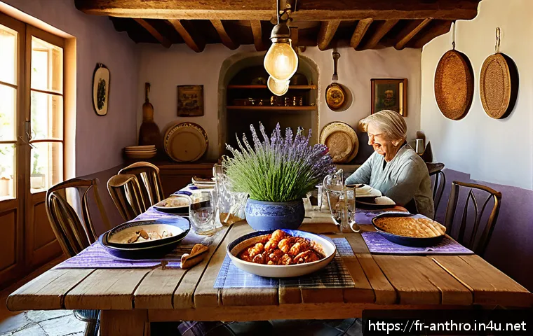 언어의 힘과 문화 - A vibrant French family meal scene set in a rustic Provence dining room, with diverse generations ga...