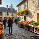 환경적 영향과 문화 - A vibrant French village market scene during a sunny morning, featuring locals joyfully exchanging h...