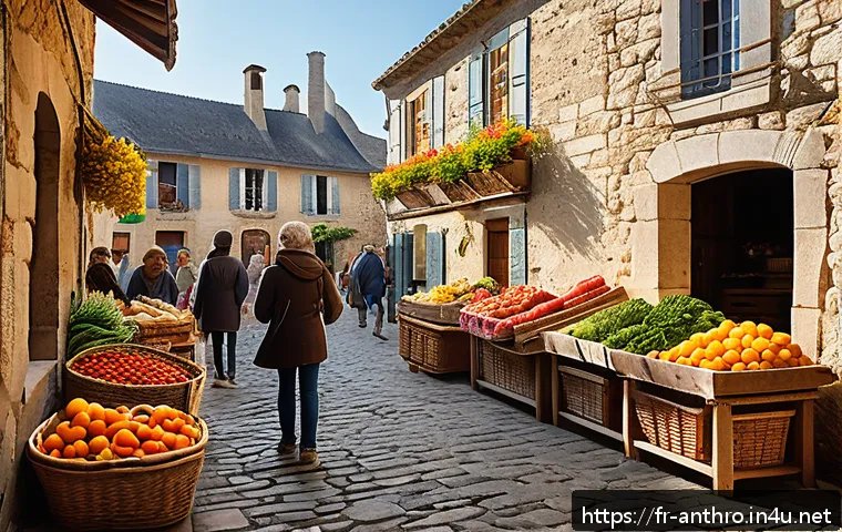 환경적 영향과 문화 - A vibrant French village market scene during a sunny morning, featuring locals joyfully exchanging h...