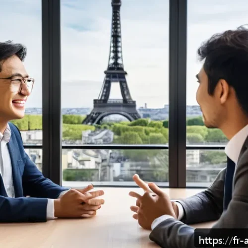 문화적 차이와 갈등 - A professional multicultural business meeting scene in a modern Parisian office, featuring diverse i...
