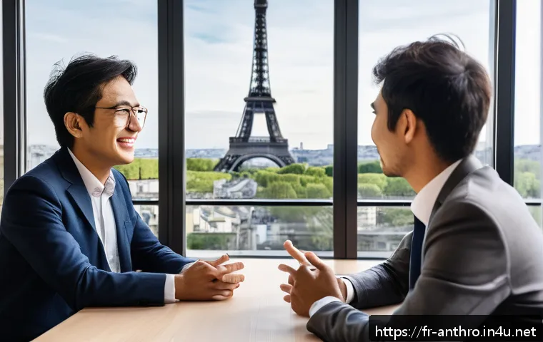 문화적 차이와 갈등 - A professional multicultural business meeting scene in a modern Parisian office, featuring diverse i...