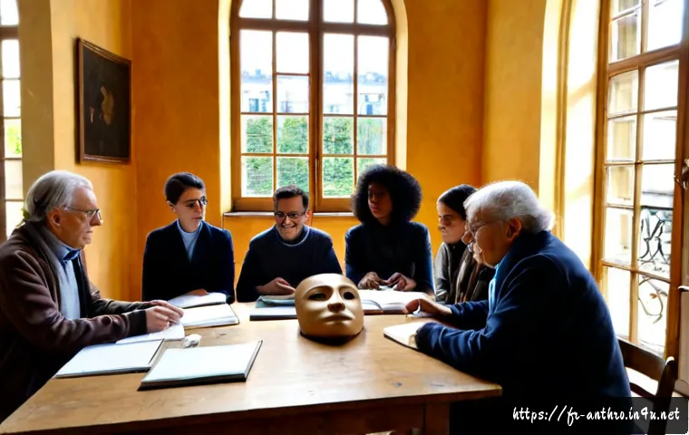 문화인류학의 주요 이론가 - Photorealistic cultural anthropology seminar in a historic French university classroom, diverse adul...
