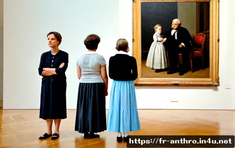 문화적 자본 - Photorealistic Parisian family of three, grandparents and teenage granddaughter thoughtfully viewing...