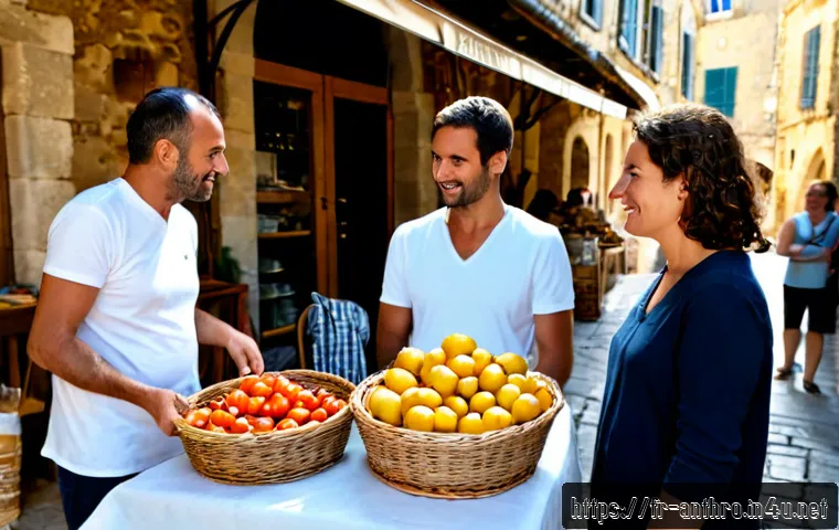 문화인류학과 사회과학 - Photorealistic cultural anthropology fieldwork scene in a sunlit Provençal village market, a diverse...