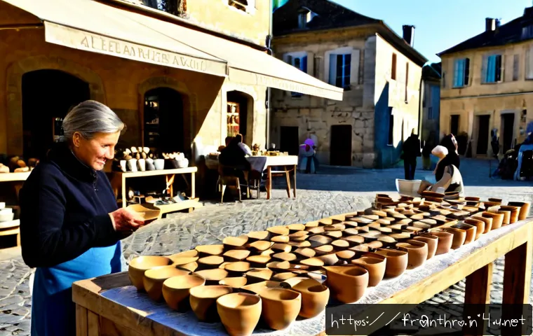 문화의 경제적 측면 - Photorealistic French artisan pottery market in a sunlit village square, a middle-aged ceramic maker...