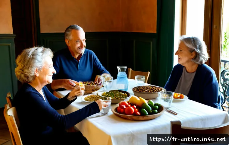 문화적 건강관념 - Photorealistic French multigenerational family sharing a healthy Mediterranean-style lunch at a sunl...